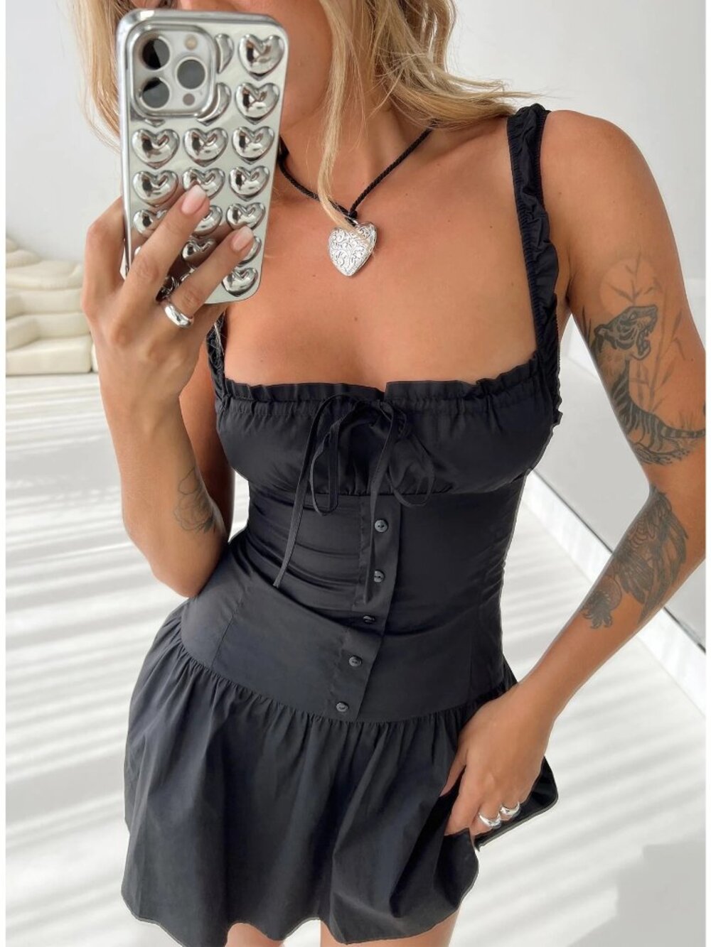 LIONESS Heart Shaped Mini Dress in Onyx Large New Womens Cotton - Picture 9 of 16
